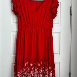 Chic Red Ruffled Dress with Floral Accents